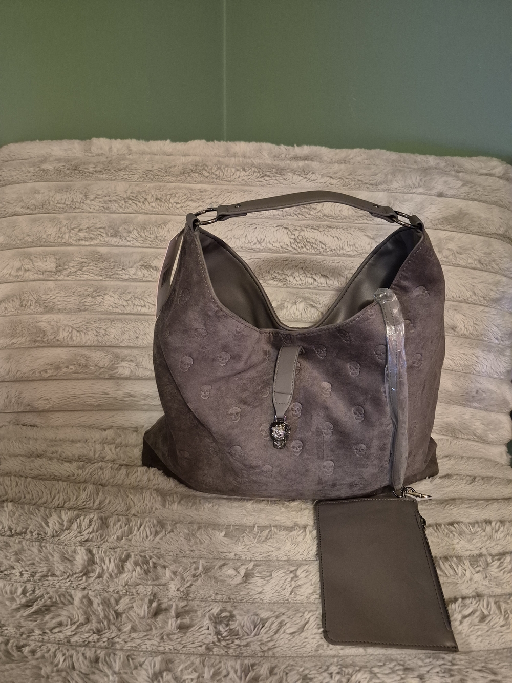 Betsey Johnson Gray Suede Hobo Bag with Skull Accent